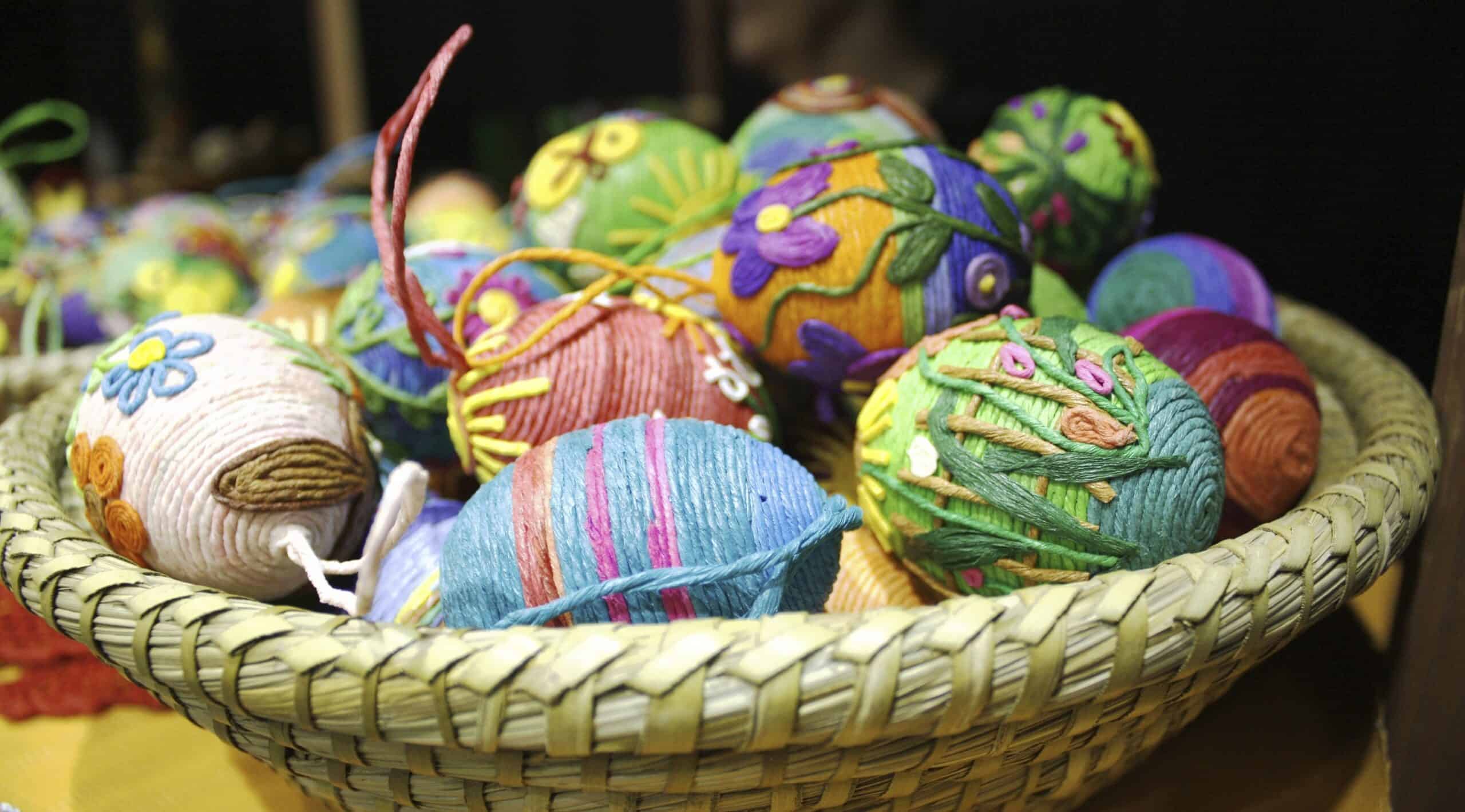 A basket full of colorful Easter eggs