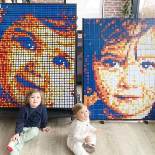Kids birthday party pixel art kid face with Rubiks cubes